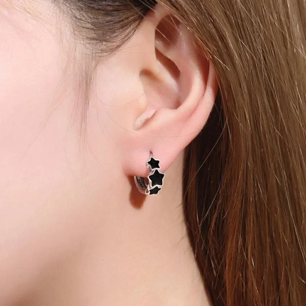 NWT Stars Hoop Huggie Earrings S925 Sterling Silver Triple Black Minimalist